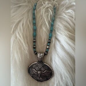 Faux turquoise necklace with longhorn pendant